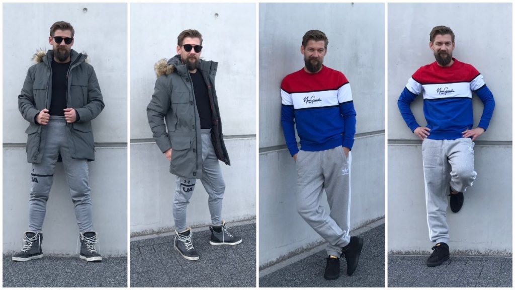 Twee verschillende grijze jogging pants verschillend gedragen.