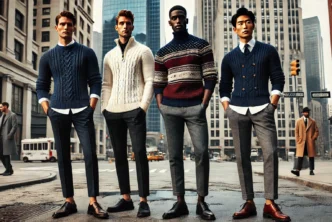 Vier stijlvolle mannen in een stadse omgeving dragen verschillende truien als mode-item in 2025. Een blanke man in een quarter zip met chino, een donkere man in een oversized knit sweater met jeans, en een Aziatische man in een coltrui met blazer en nette broek. De stadse achtergrond benadrukt de moderne uitstraling van de truien.