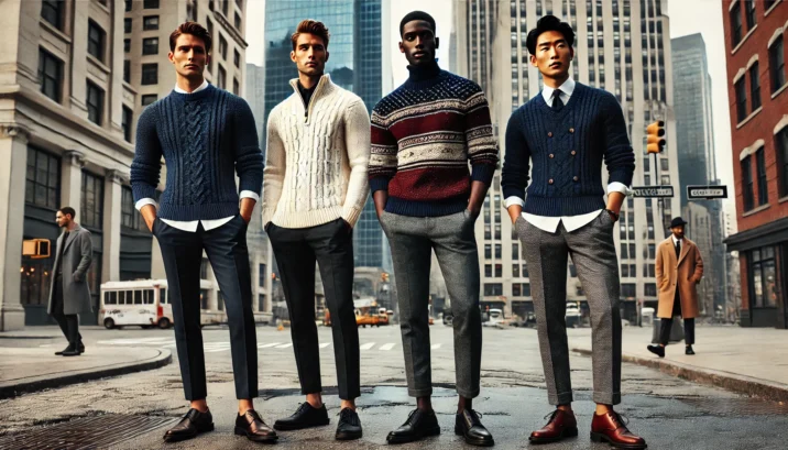 Vier stijlvolle mannen in een stadse omgeving dragen verschillende truien als mode-item in 2025. Een blanke man in een quarter zip met chino, een donkere man in een oversized knit sweater met jeans, en een Aziatische man in een coltrui met blazer en nette broek. De stadse achtergrond benadrukt de moderne uitstraling van de truien.