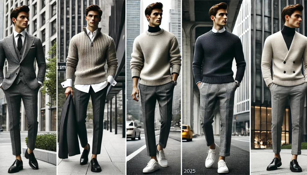 Een man poseert in een stadse omgeving met drie verschillende truien, passend bij de modetrends van 2025. Hij draagt een quarter zip sweater met een overhemd en nette broek, een oversized knit sweater met jeans en sneakers, en een coltrui onder een blazer voor een smart-casual look. De moderne architectuur op de achtergrond benadrukt de urban fashion uitstraling.