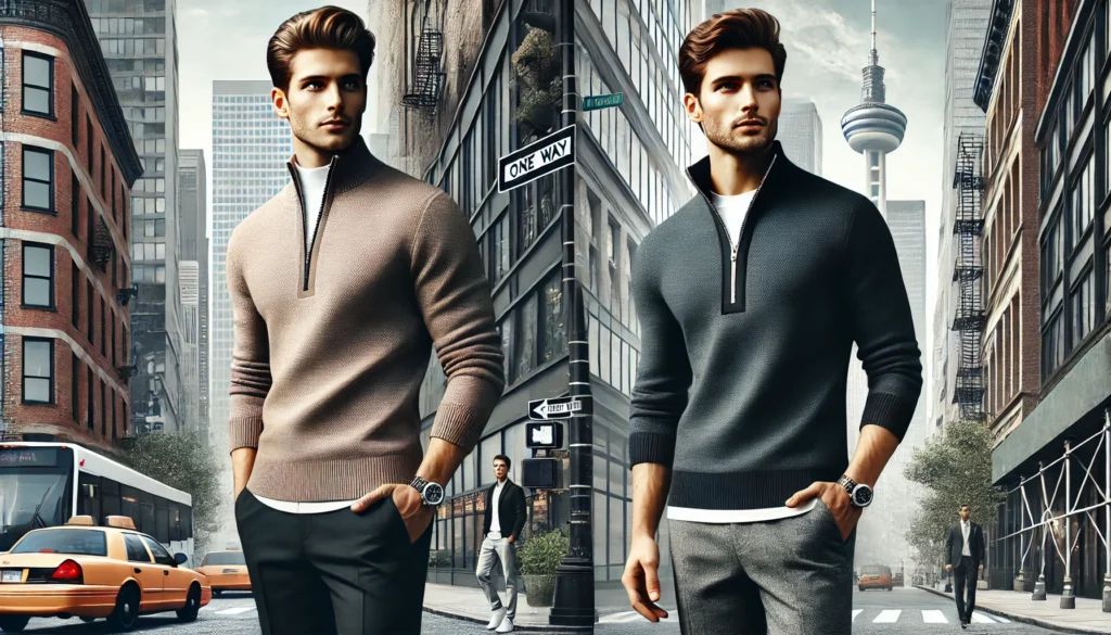 Twee stijlvolle mannen in een stadse omgeving dragen verschillende quarter zip truien. Eén man combineert een quarter zip sweater met een overhemd en nette broek voor een smart-casual uitstraling, terwijl de andere een meer relaxte look heeft met een quarter zip over een T-shirt en jeans. De moderne stadse achtergrond benadrukt de veelzijdigheid van dit mode-item in 2025.