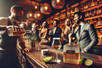 Groep vrienden in een luxe bar die samen proosten met premium tequila, terwijl een bartender een glas inschenkt. De setting straalt gezelligheid en elegantie uit.