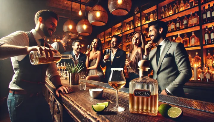 Groep vrienden in een luxe bar die samen proosten met premium tequila, terwijl een bartender een glas inschenkt. De setting straalt gezelligheid en elegantie uit.