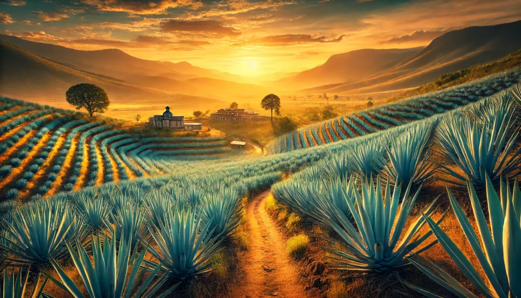 Een prachtig Mexicaans landschap met uitgestrekte rijen blauwe agaveplanten bij zonsopgang. De glooiende heuvels en warme gouden lucht tonen de authentieke herkomst van tequila.