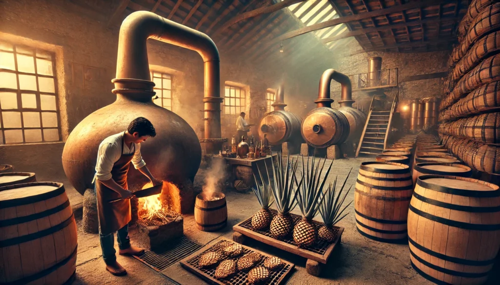 Een authentieke Mexicaanse tequila distilleerderij waar arbeiders blauwe agave verwerken. Grote koperen distilleerketels en houten fermentatievaten tonen het traditionele productieproces.