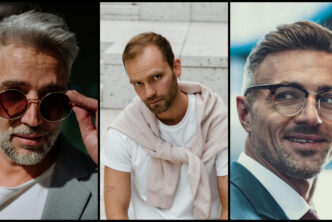 Drie stijlvolle mannen met dunner wordend haar, elk met een uniek kapsel. Links: een zilvergrijze coupe met baard en zonnebril. Midden: een kort en natuurlijk kapsel met terugtrekkende haarlijn. Rechts: een moderne, volumineuze stijl met bril en lichte fade.